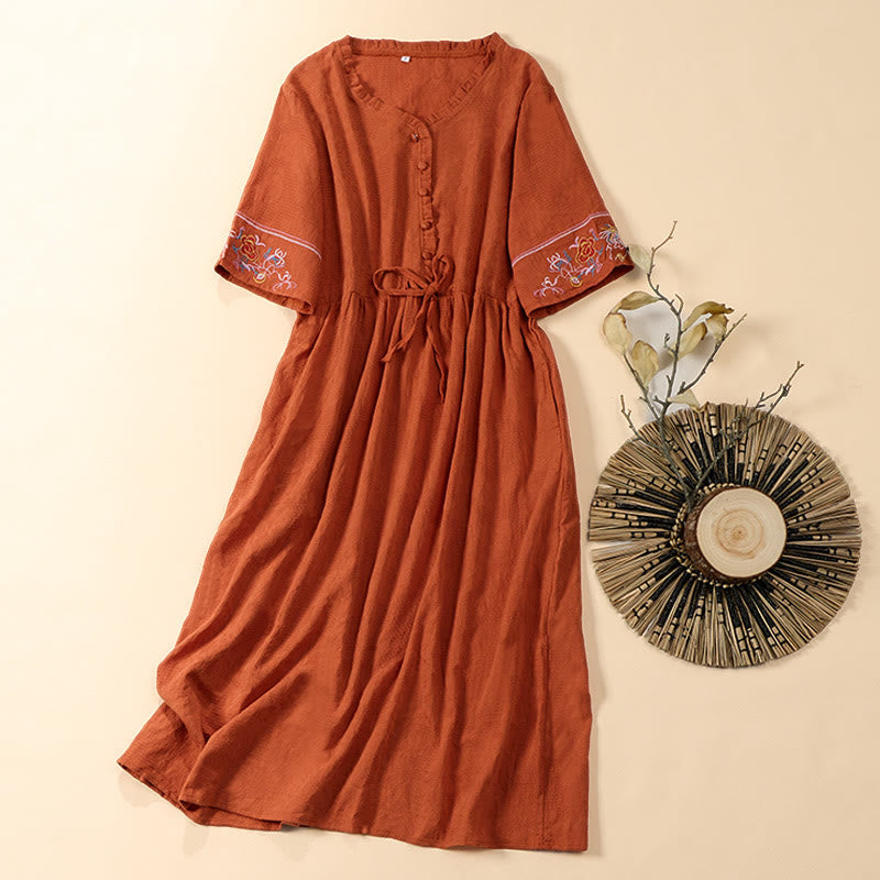 Nimara Ritual Summer V-Neck Floral Embroidery Design Short Sleeve Cotton Midi Dress With Pockets