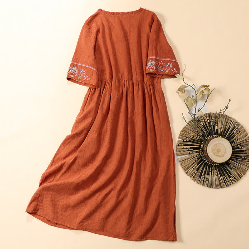 Nimara Ritual Summer V-Neck Floral Embroidery Design Short Sleeve Cotton Midi Dress With Pockets
