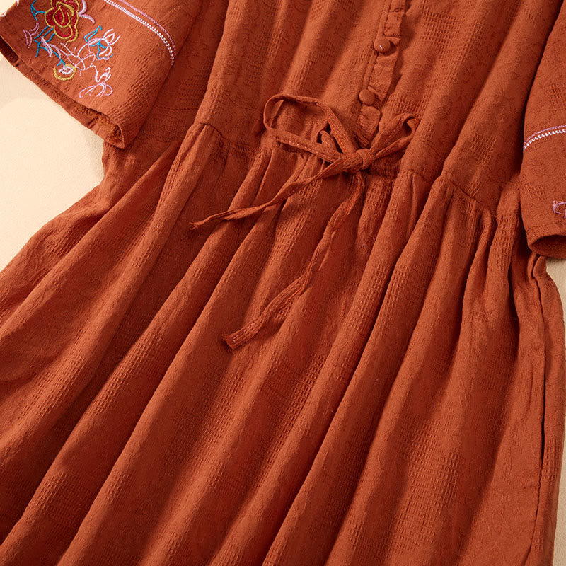 Nimara Ritual Summer V-Neck Floral Embroidery Design Short Sleeve Cotton Midi Dress With Pockets
