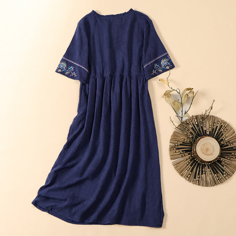 Nimara Ritual Summer V-Neck Floral Embroidery Design Short Sleeve Cotton Midi Dress With Pockets