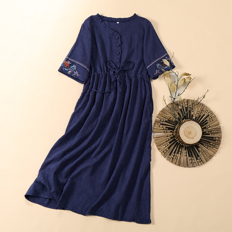 Nimara Ritual Summer V-Neck Floral Embroidery Design Short Sleeve Cotton Midi Dress With Pockets
