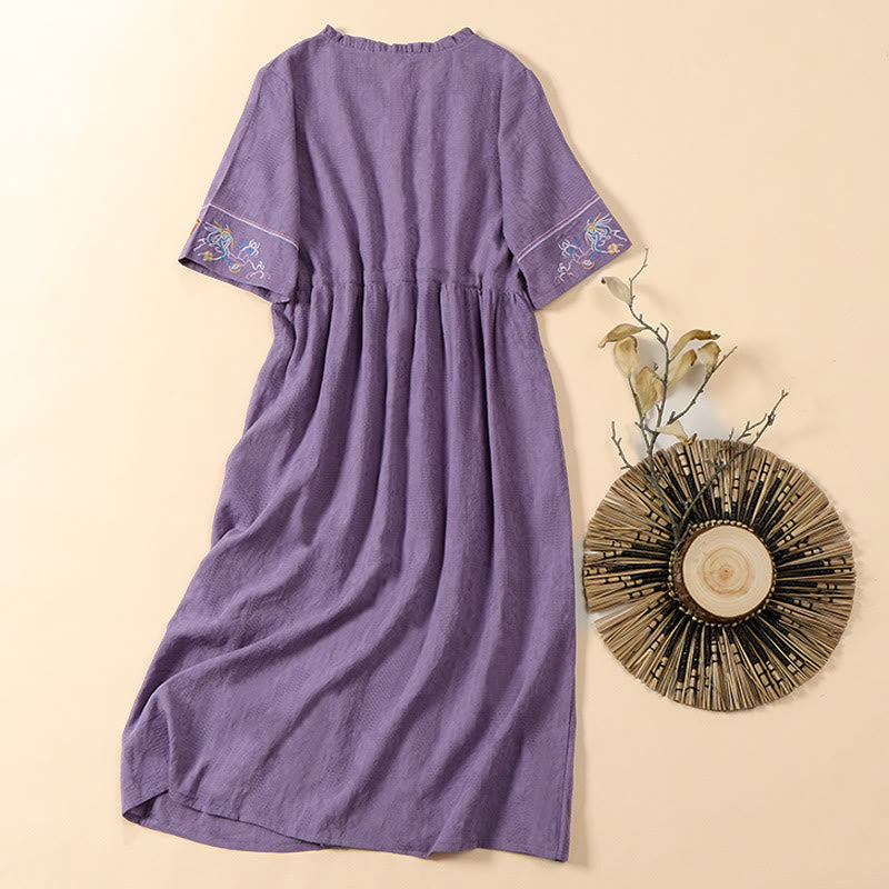Nimara Ritual Summer V-Neck Floral Embroidery Design Short Sleeve Cotton Midi Dress With Pockets