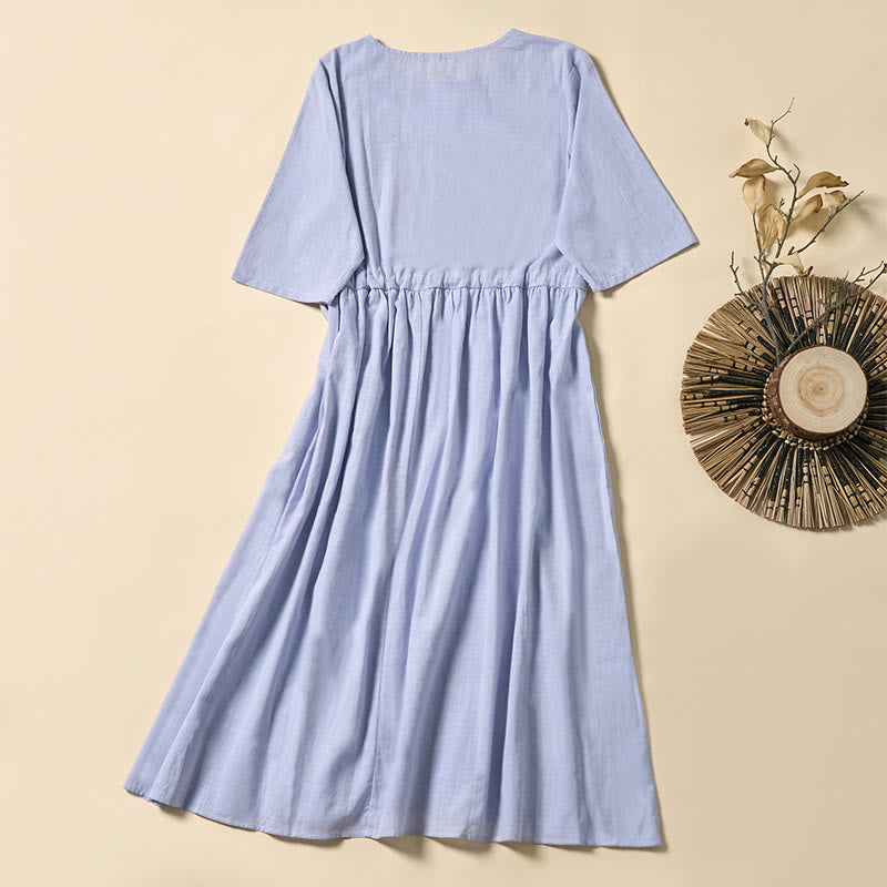Nimara Ritual Summer Grape Vine Embroidery Lace-up Design Short Sleeve Midi Dress With Pockets