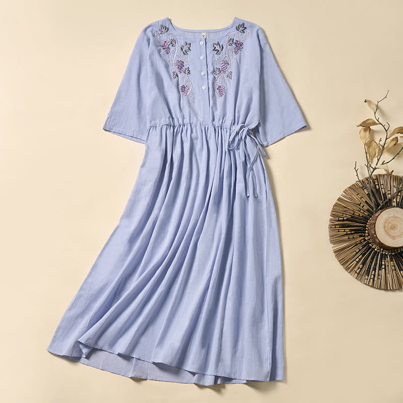 Nimara Ritual Summer Grape Vine Embroidery Lace-up Design Short Sleeve Midi Dress With Pockets