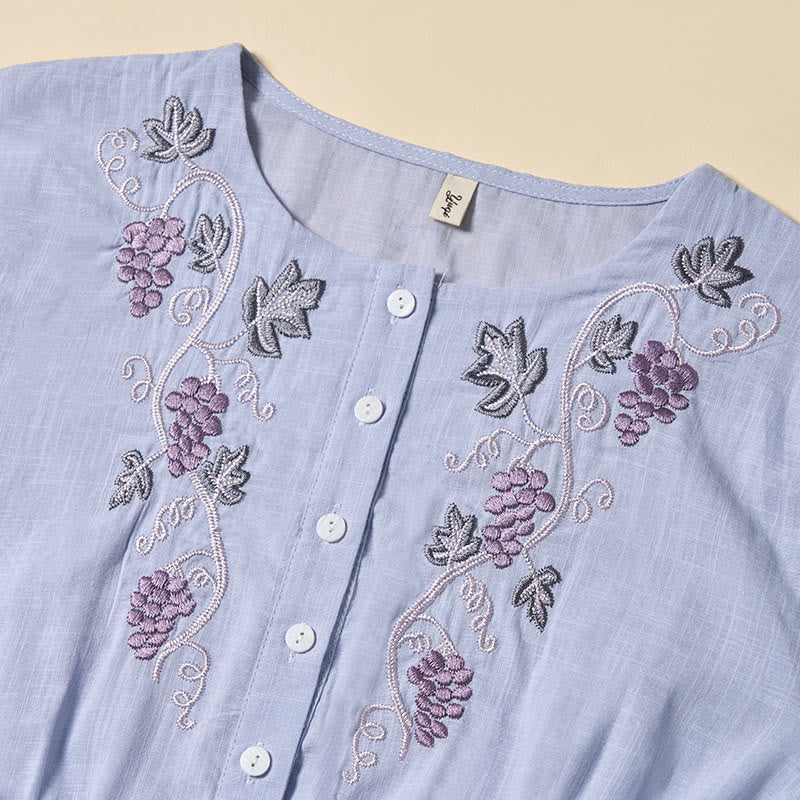 Nimara Ritual Summer Grape Vine Embroidery Lace-up Design Short Sleeve Midi Dress With Pockets