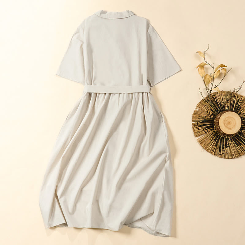 Nimara Ritual Summer Solid Color Lace-up A-line Design Short Sleeve Midi Dress With Pockets