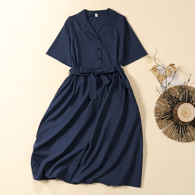 Nimara Ritual Summer Solid Color Lace-up A-line Design Short Sleeve Midi Dress With Pockets