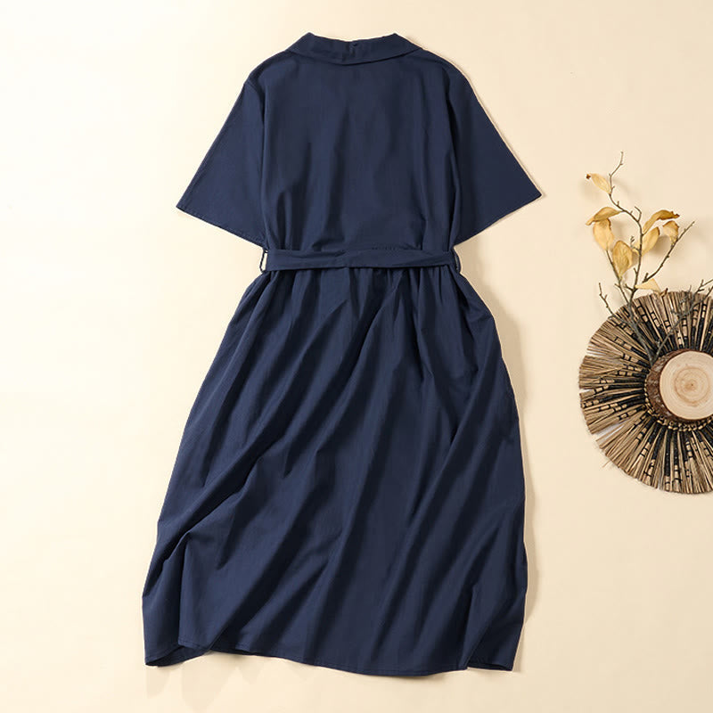 Nimara Ritual Summer Solid Color Lace-up A-line Design Short Sleeve Midi Dress With Pockets