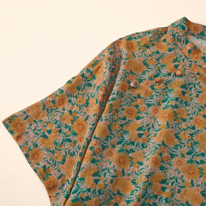 Nimara Ritual Summer Frog-Button Stand Collar Short Sleeve Flower Pattern Women's Shirt