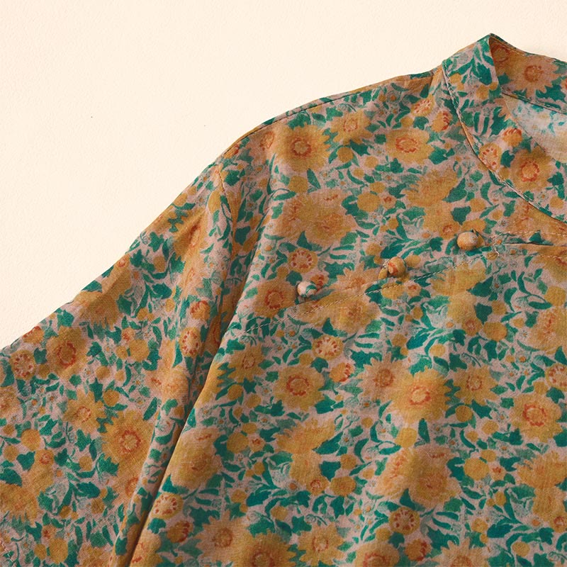 Nimara Ritual Summer Frog-Button Stand Collar Short Sleeve Flower Pattern Women's Shirt