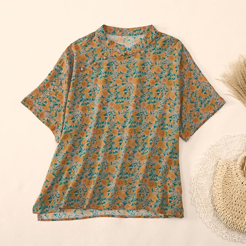 Nimara Ritual Summer Frog-Button Stand Collar Short Sleeve Flower Pattern Women's Shirt