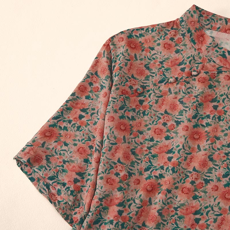 Nimara Ritual Summer Frog-Button Stand Collar Short Sleeve Flower Pattern Women's Shirt