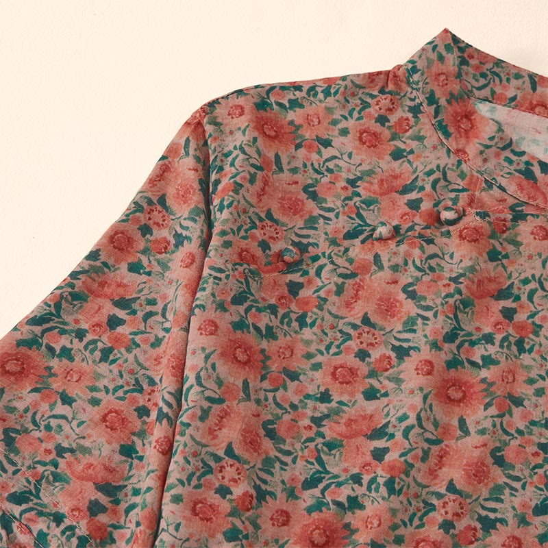 Nimara Ritual Summer Frog-Button Stand Collar Short Sleeve Flower Pattern Women's Shirt