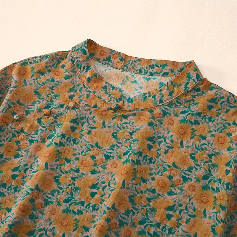 Nimara Ritual Summer Frog-Button Stand Collar Short Sleeve Flower Pattern Women's Shirt