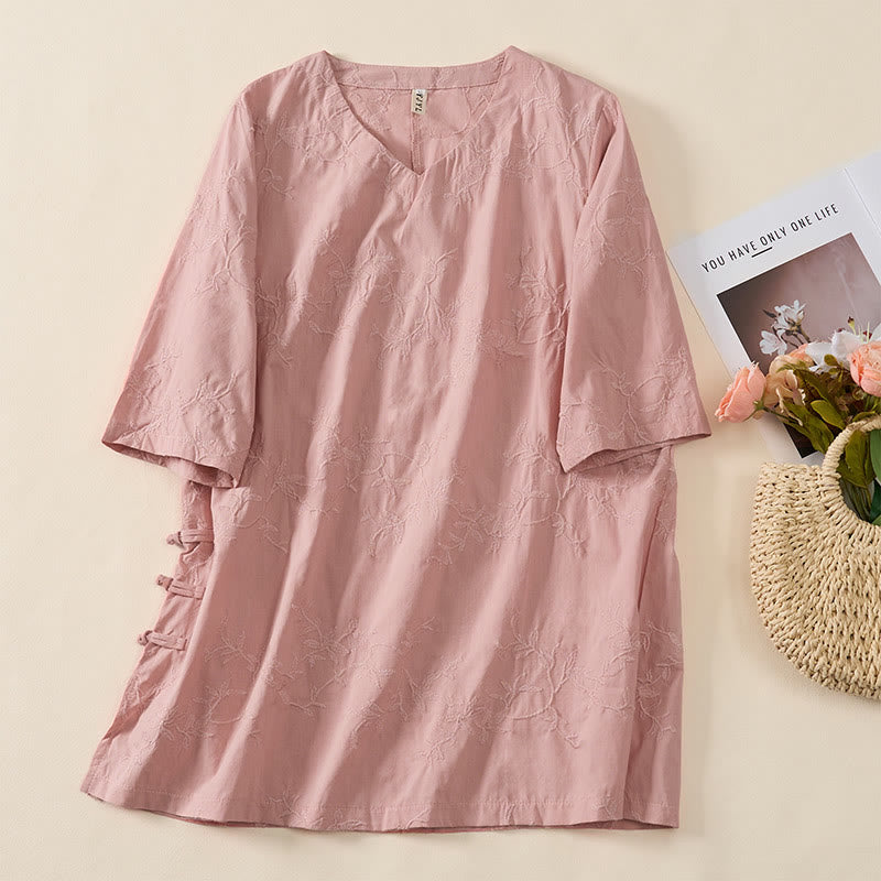 Nimara Ritual Spring V-Neck Long Sleeve Leaf Pattern Women's Cotton Shirt
