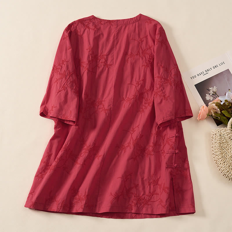 Nimara Ritual Spring V-Neck Long Sleeve Leaf Pattern Women's Cotton Shirt