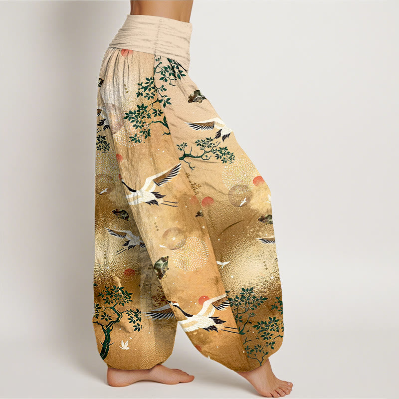 Nimara Ritual Cotton Traditional Crane Pine Tree Bird Fan Sun Pattern Women's Elastic Waist Harem Pants