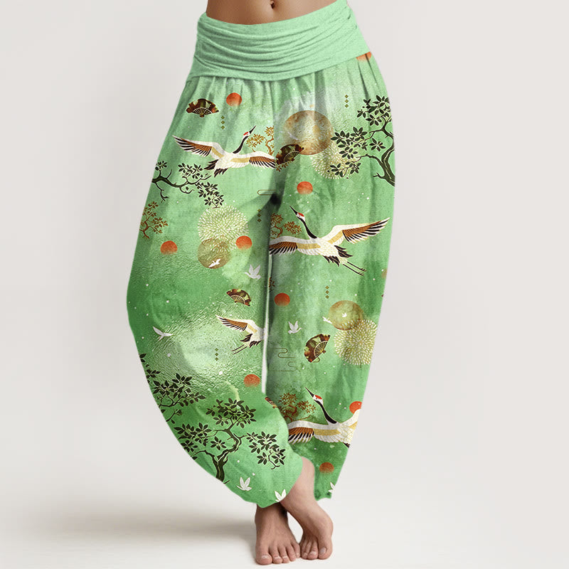 Nimara Ritual Cotton Traditional Crane Pine Tree Bird Fan Sun Pattern Women's Elastic Waist Harem Pants