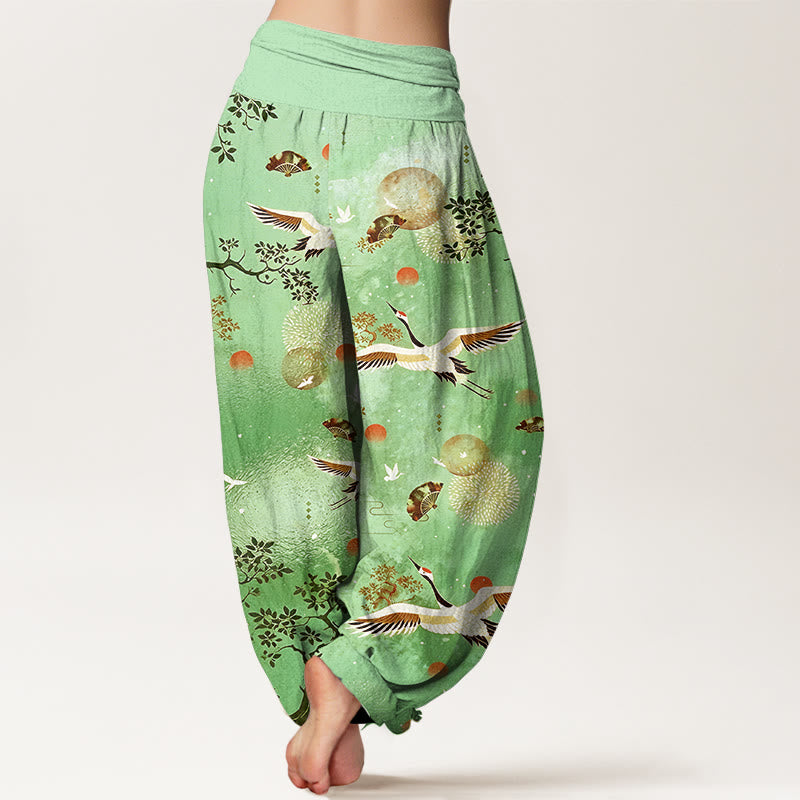 Nimara Ritual Cotton Traditional Crane Pine Tree Bird Fan Sun Pattern Women's Elastic Waist Harem Pants