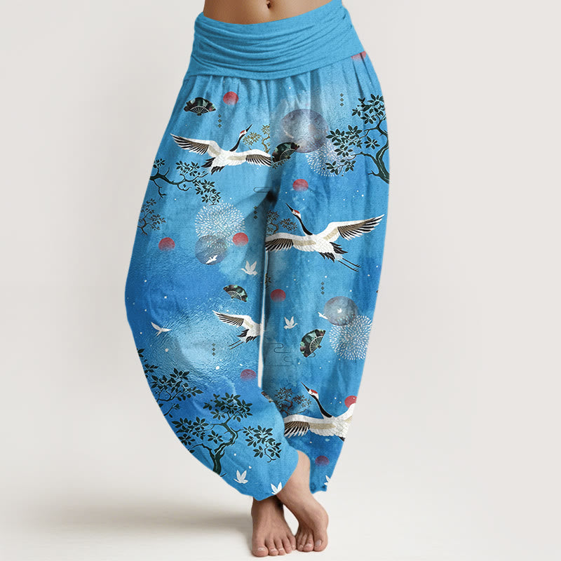 Nimara Ritual Cotton Traditional Crane Pine Tree Bird Fan Sun Pattern Women's Elastic Waist Harem Pants