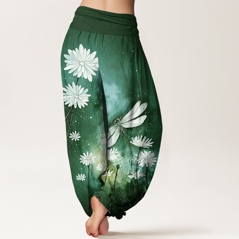 Nimara Ritual Cotton Dreamy Daisy Dragonfly Pattern Women's Elastic Waist Harem Pants