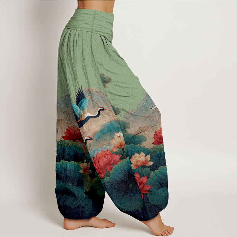 Nimara Ritual Cotton Classical Lotus Flower Leaf Crane Mountain Pattern Women's Elastic Waist Harem Pants
