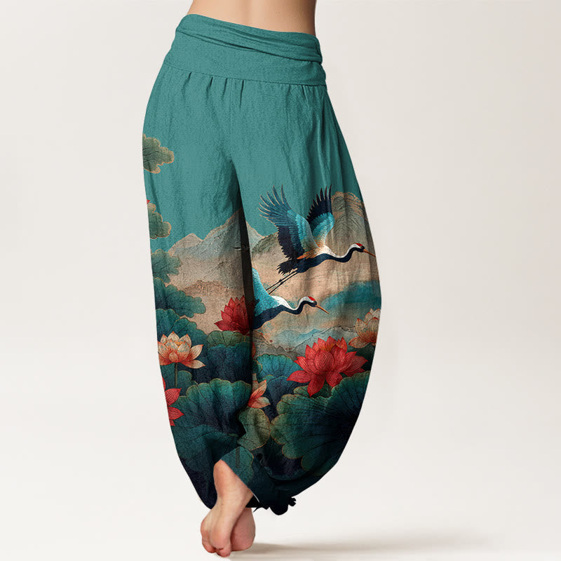 Nimara Ritual Cotton Classical Lotus Flower Leaf Crane Mountain Pattern Women's Elastic Waist Harem Pants