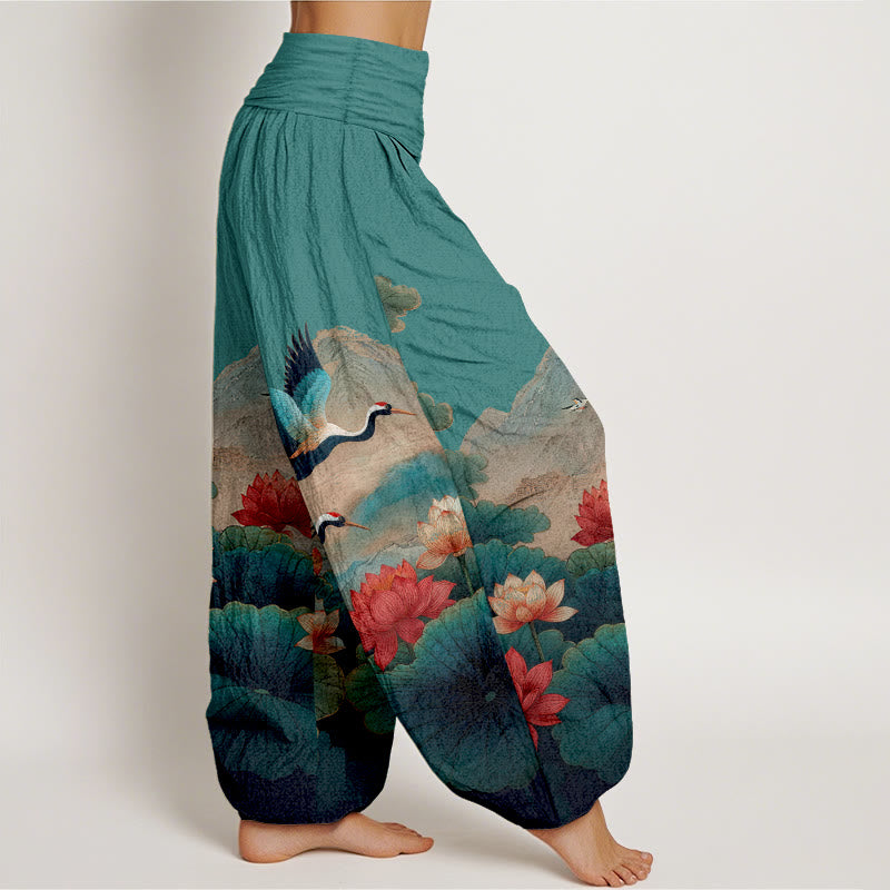 Nimara Ritual Cotton Classical Lotus Flower Leaf Crane Mountain Pattern Women's Elastic Waist Harem Pants