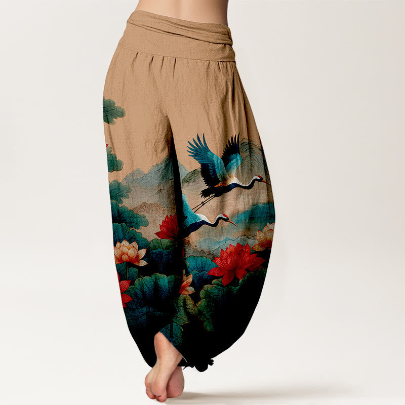 Nimara Ritual Cotton Classical Lotus Flower Leaf Crane Mountain Pattern Women's Elastic Waist Harem Pants