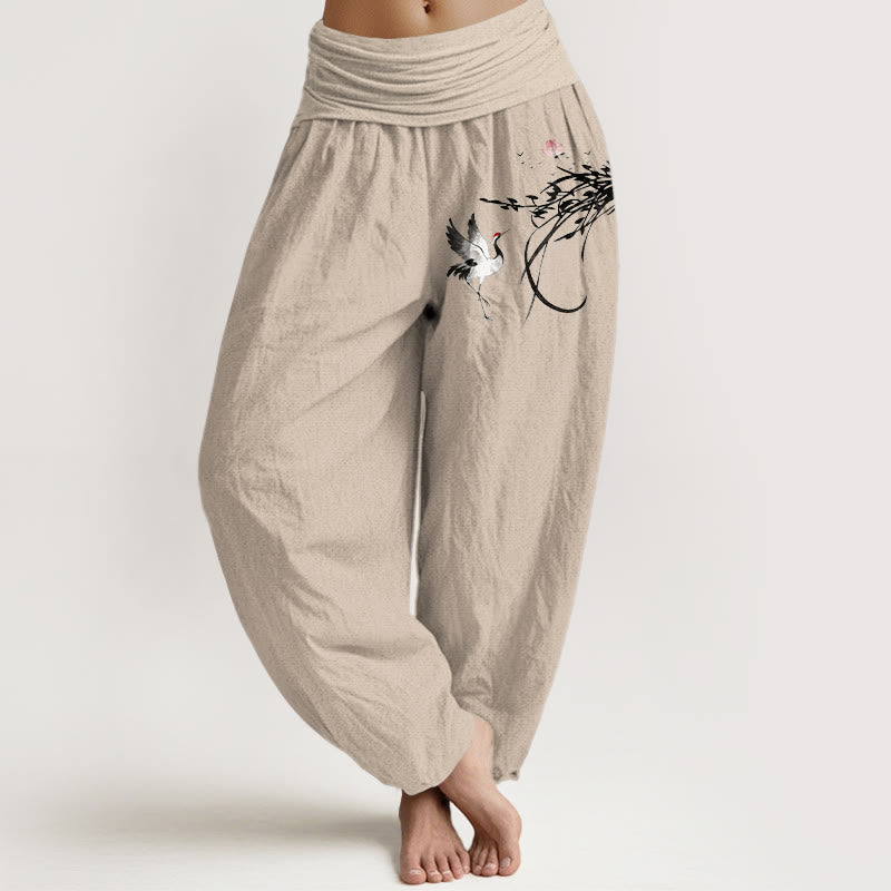 Nimara Ritual Pure Cotton Minimalist Style Crane Lotus Branch Leaf Pattern Women's Elastic Waist Harem Pants