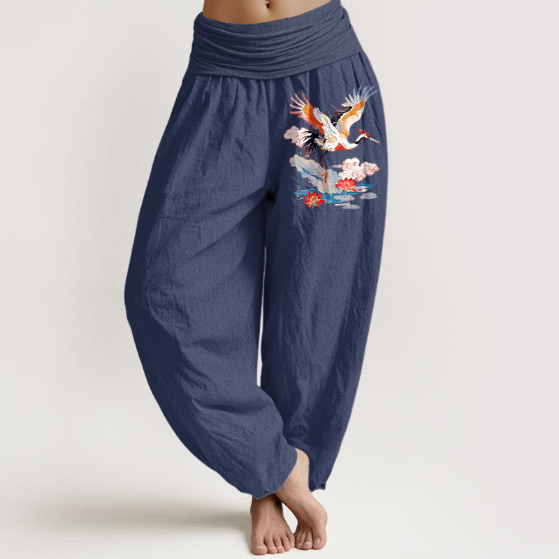 Nimara Ritual Pure Cotton Colourful Crane Lotus Leaf Flower Cloud Pattern Women's Elastic Waist Harem Pants