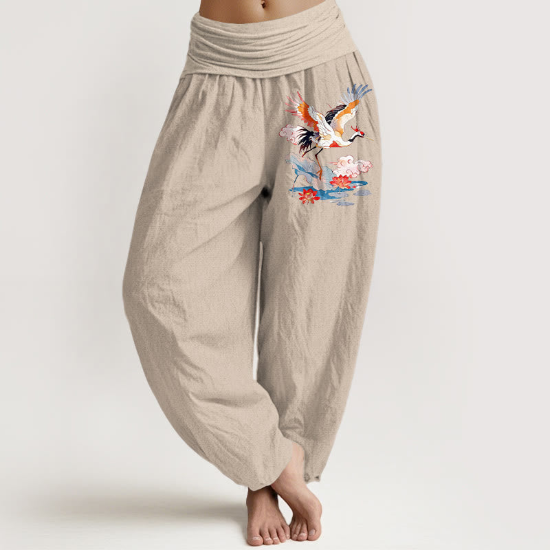 Nimara Ritual Pure Cotton Colourful Crane Lotus Leaf Flower Cloud Pattern Women's Elastic Waist Harem Pants