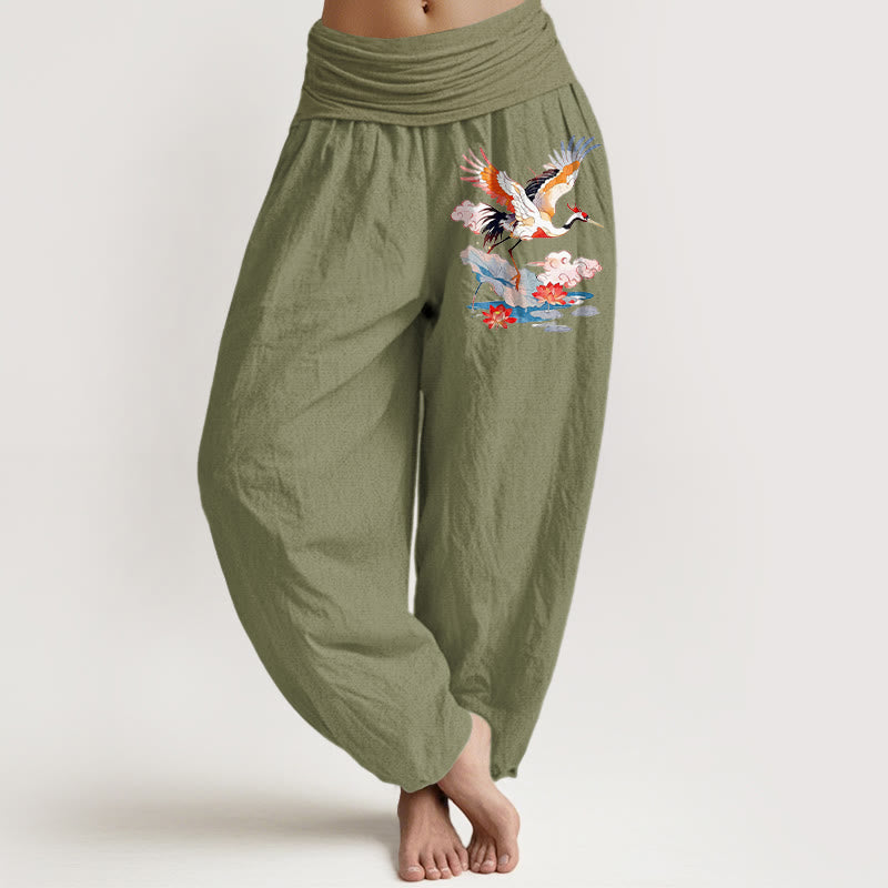 Nimara Ritual Pure Cotton Colourful Crane Lotus Leaf Flower Cloud Pattern Women's Elastic Waist Harem Pants