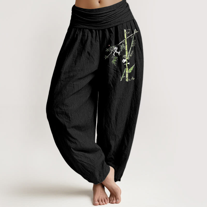 Nimara Ritual Pure Cotton Simple Style Panda Bamboo Pattern Women's Elastic Waist Harem Pants
