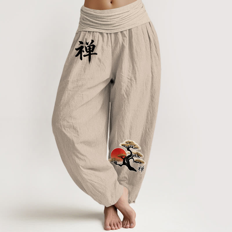 Nimara Ritual Pure Cotton Simple Style Sun Pine Chinese Character Pattern Women's Elastic Waist Harem Pants
