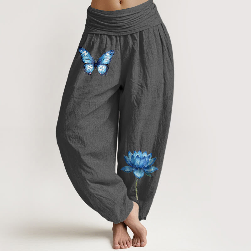 Nimara Ritual Pure Cotton Dreamy Butterfly Lotus Pattern Women's Elastic Waist Harem Pants