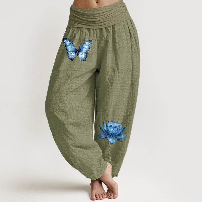 Nimara Ritual Pure Cotton Dreamy Butterfly Lotus Pattern Women's Elastic Waist Harem Pants