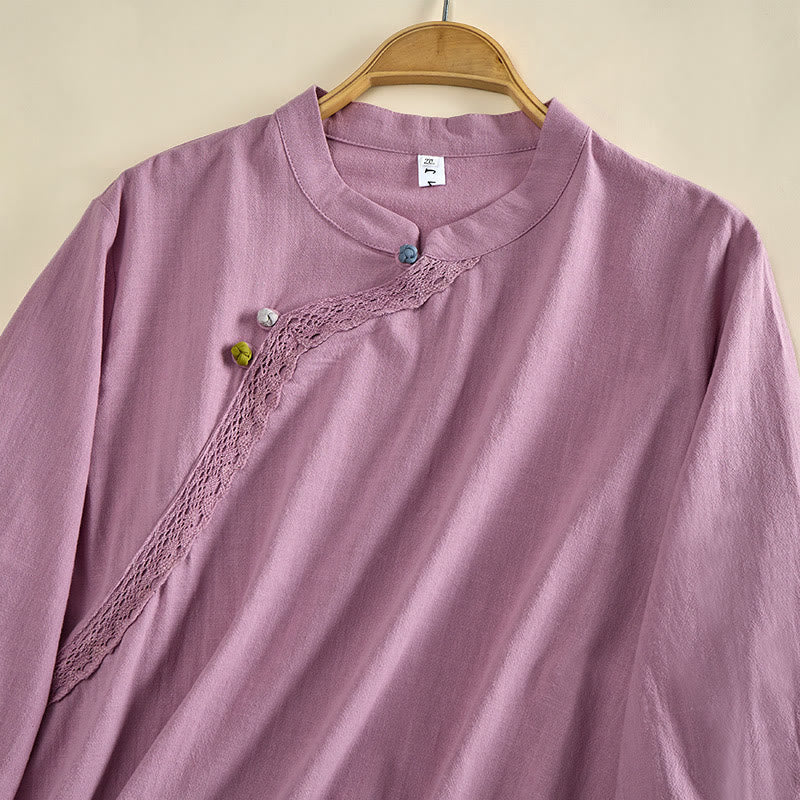 Nimara Ritual Plain Crew Neck Frog-Button Long Sleeve Women's Cotton Shirt