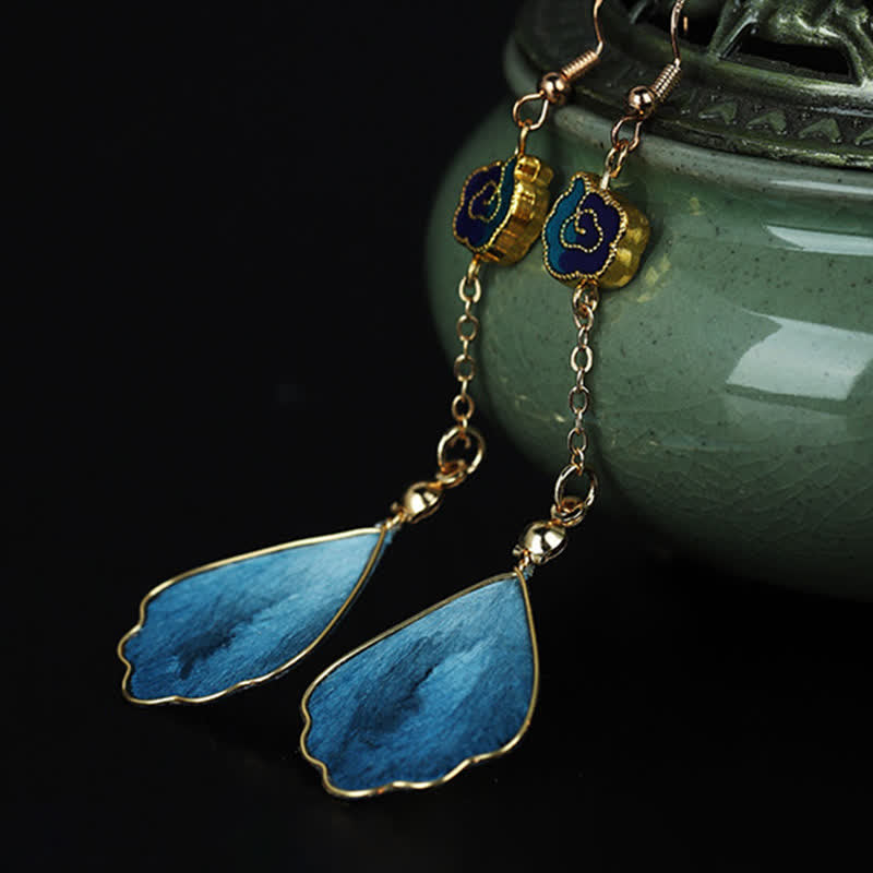 Nimara Ritual Handcrafted Silk Art Petal Good Fortune Blessing Dangle Hook Earrings