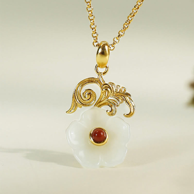 Nimara Ritual Hetian Jade Flower 925 Sterling Silver Luck Necklace Pendant