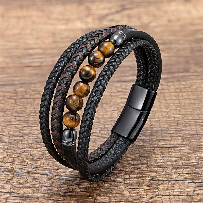 Nimara Ritual Tiger Eye Lava Rock Black Onyx Lazurite Lapis Lazuli Hematite Bead Positive Leather Bracelet
