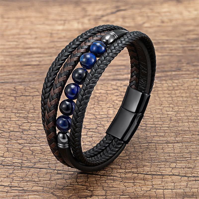 Nimara Ritual Tiger Eye Lava Rock Black Onyx Lazurite Lapis Lazuli Hematite Bead Positive Leather Bracelet
