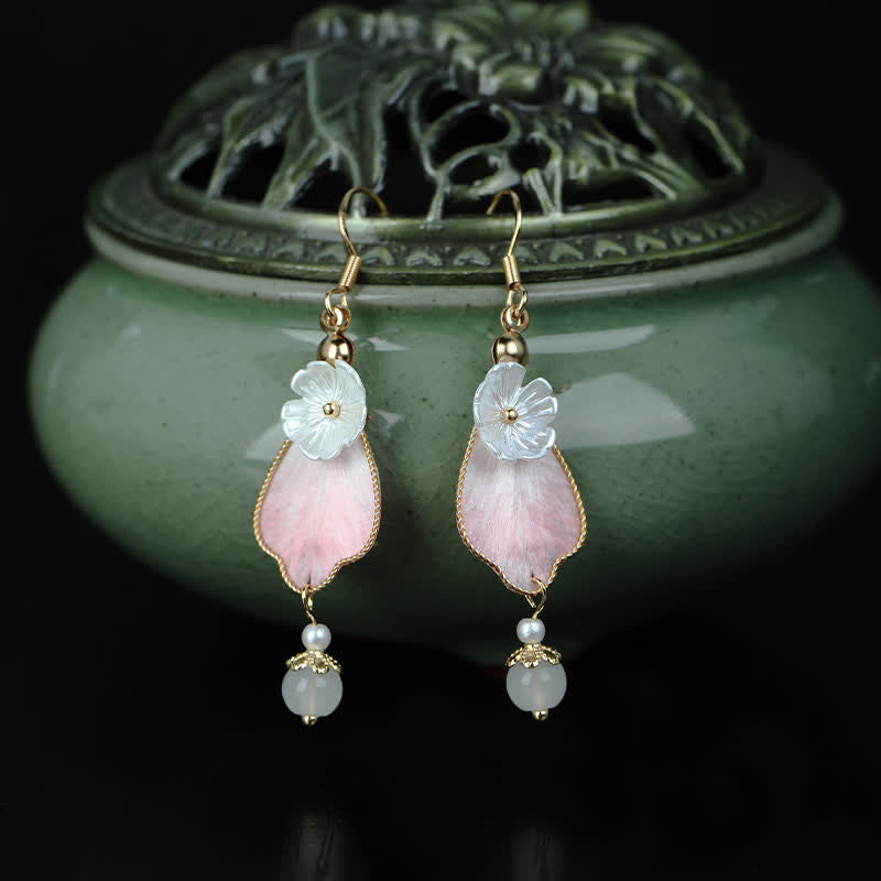 Nimara Ritual Handcrafted Silk Art Petal Good Fortune Blessing Dangle Hook Earrings