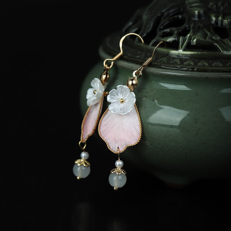 Nimara Ritual Handcrafted Silk Art Petal Good Fortune Blessing Dangle Hook Earrings