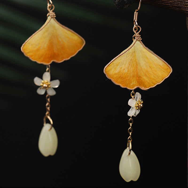 Nimara Ritual Handmade Silk Craft Yellow Ginkgo Leaf Copper Hook Good Fortune Dangle Earrings