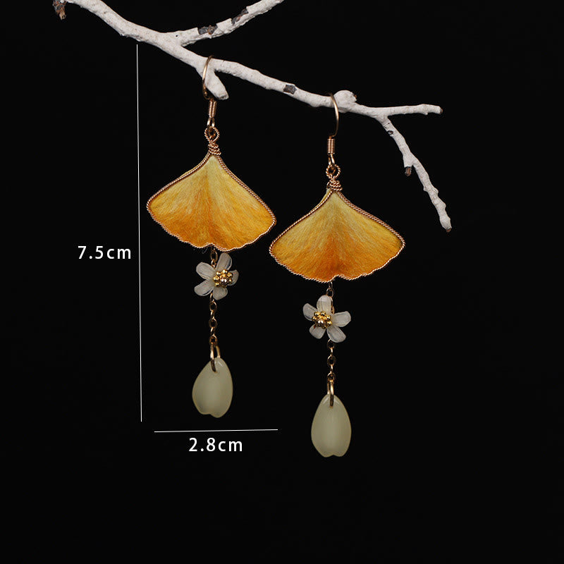 Nimara Ritual Handmade Silk Craft Yellow Ginkgo Leaf Copper Hook Good Fortune Dangle Earrings