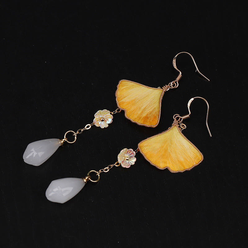 Nimara Ritual Handmade Silk Craft Yellow Ginkgo Leaf Copper Hook Good Fortune Dangle Earrings