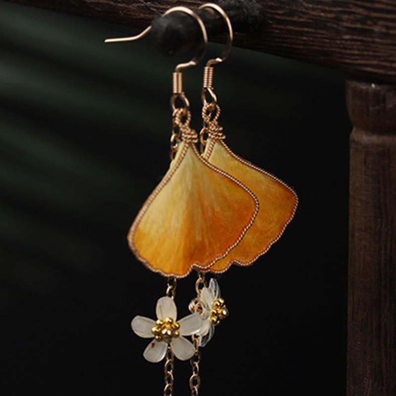 Nimara Ritual Handmade Silk Craft Yellow Ginkgo Leaf Copper Hook Good Fortune Dangle Earrings