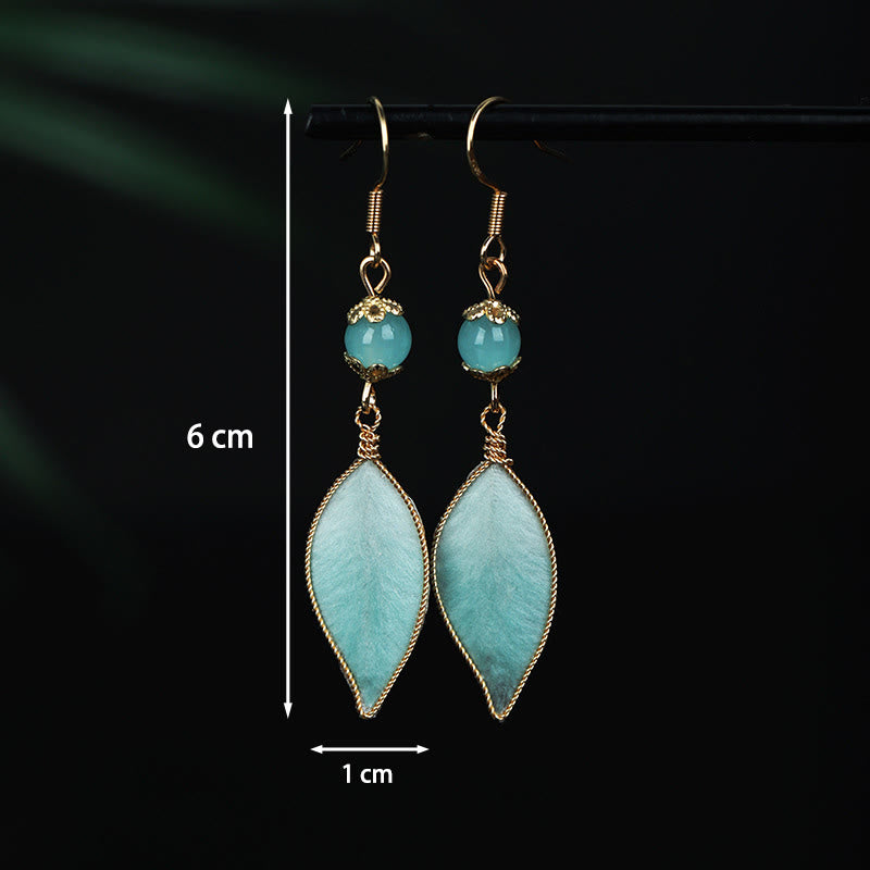 Nimara Ritual Handmade Cyan Leaf Copper Plated Silver Hook Protection Drop Earrings