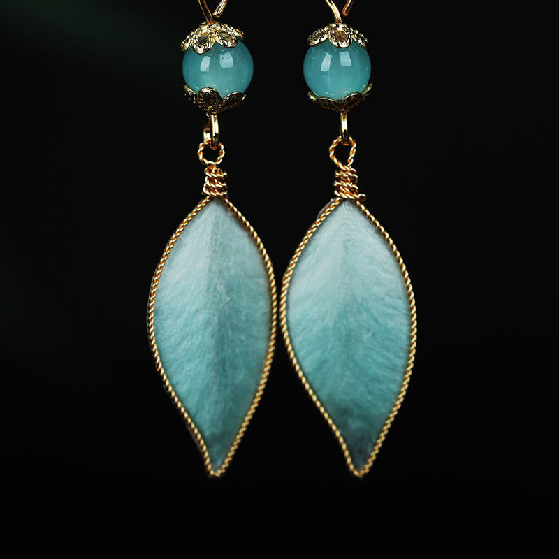 Nimara Ritual Handmade Cyan Leaf Copper Plated Silver Hook Protection Drop Earrings